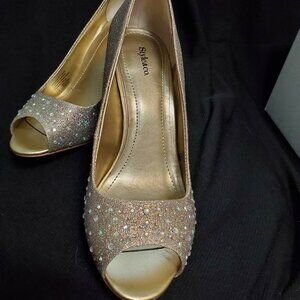 Style & Co Monaee Open Toe High Heel Pumps NIB 7W Gold Sparkle Rhinestone